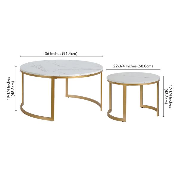 Mitera Round Nested Coffee Table with Faux Marble Top in Brass/Faux Marble