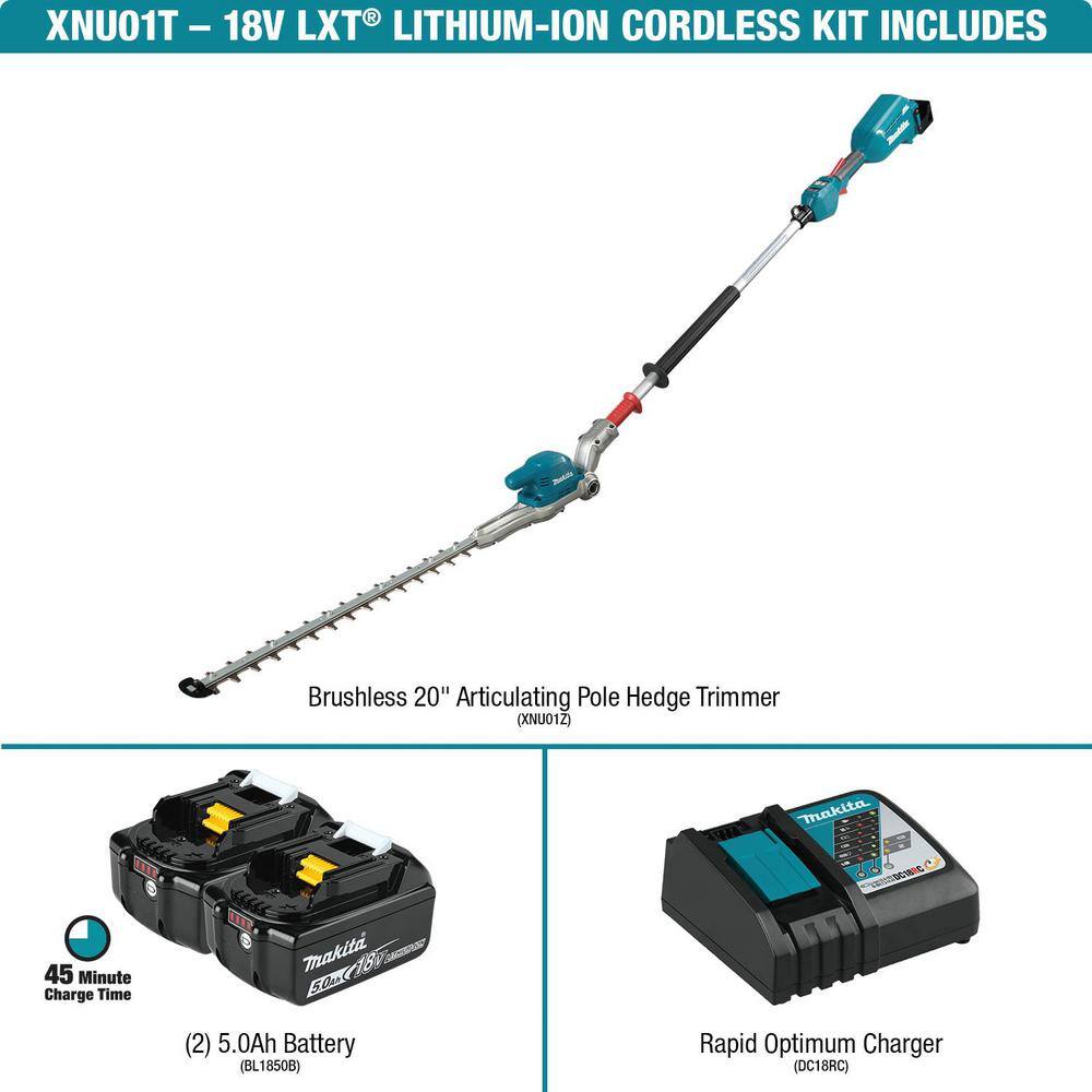 Makita 18V LXT Lithium-Ion Brushless 20 in. Articulating Pole Hedge Trimmer Kit (5.0 Ah) XNU01T