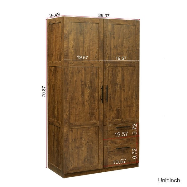 Clihome 40in. Wooden High Wardrobe with 2 Drawers and 5 Storage Spaces - - 36618591