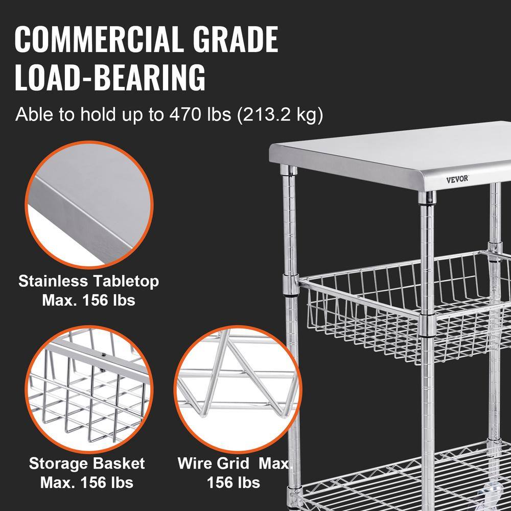 VEVOR 3-Tiers Kitchen Utility Cart 20 in. Wire Rolling Cart with Wheels Metal Storage Trolley with 6 Hooks Kitchen CartSilver LLCFTCCB20X24IGJ4V0