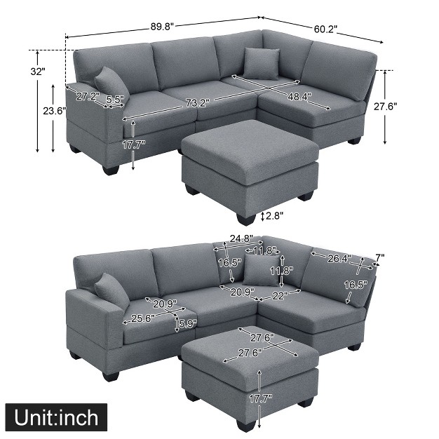 5 seat L Shaped Linen Sofa Set With Convertible Ottoman And 2 Pillows Modernluxe