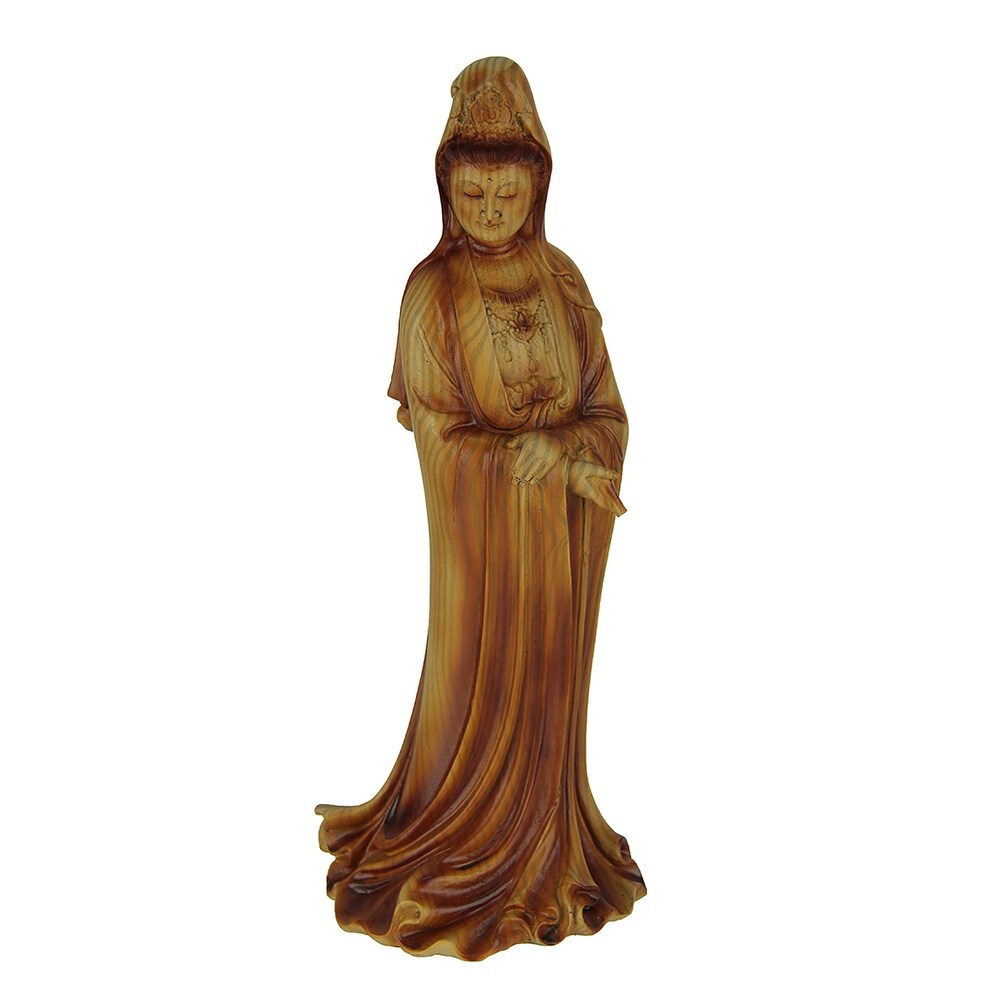 Guanyin Goddess Of Mercy Faux Carved Wood Look Statue   11.75 X 4.25 X 4 inches