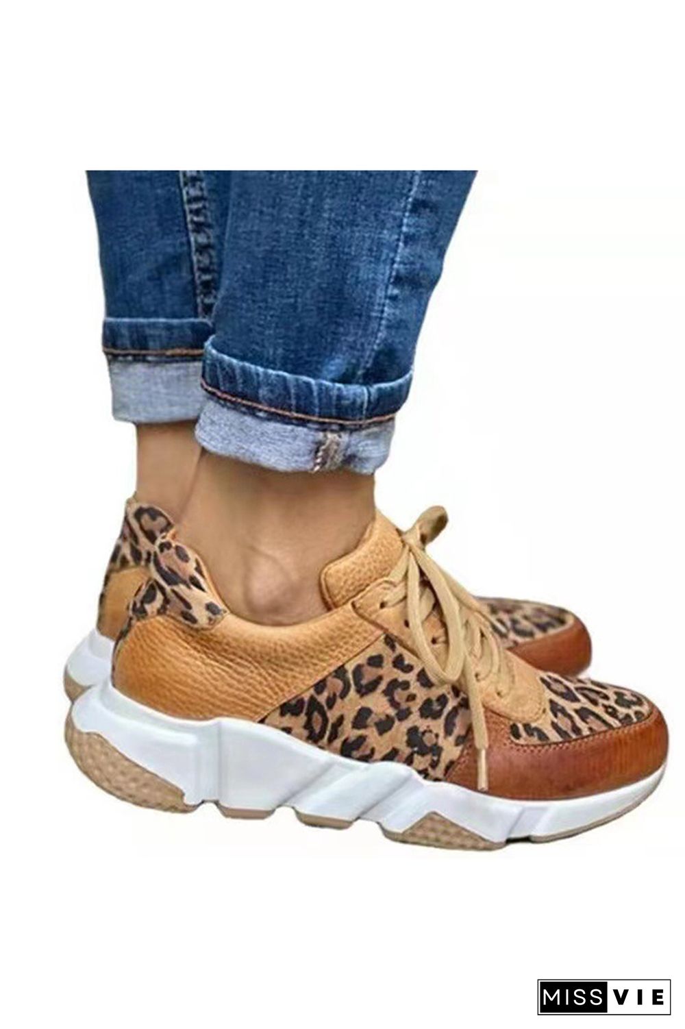 Casual Leopard Lace Up Flat Sneakers Shoes Wholesale