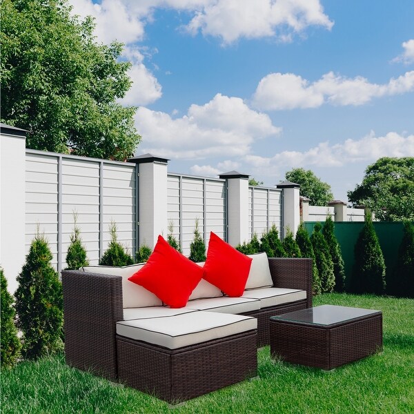 3 Piece Patio Aluminium Legs Wicker PE Rattan 2 Pillow Cushioned Outdoor Sectional Sofa Set with Glass Coffee TableandOttoman - Overstock - 35580408