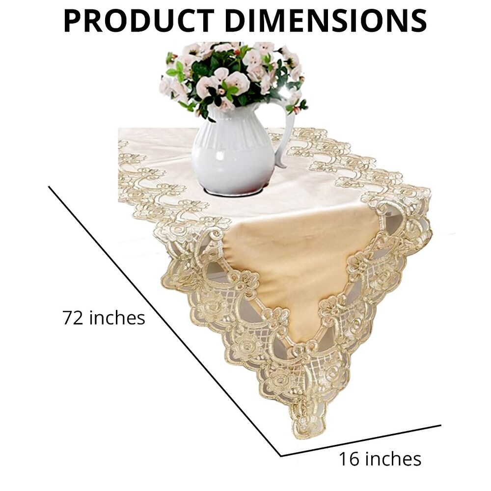 Damask Pattern Polyester Velvet Table Runner with Gold Lace Border