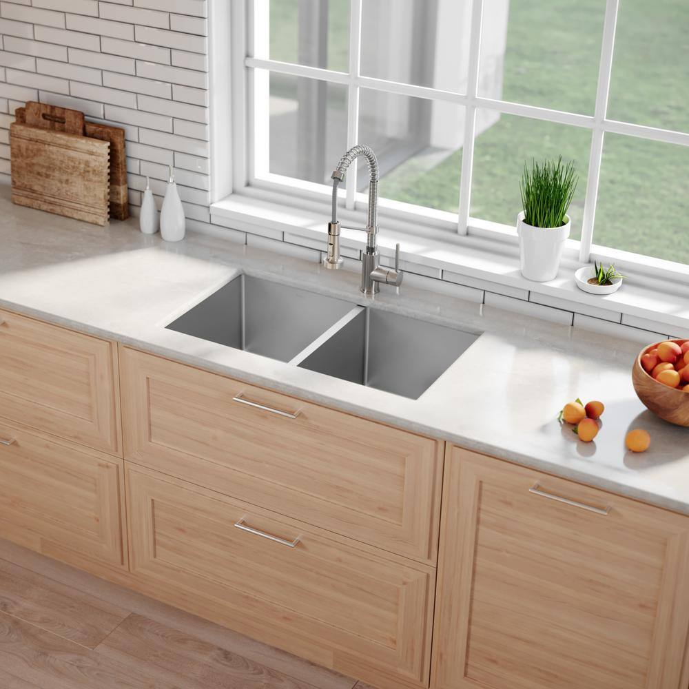 KRAUS Standart PRO 33in. 16 Gauge Undermount 5050 Double Bowl Stainless Steel Kitchen Sink KHU102-33