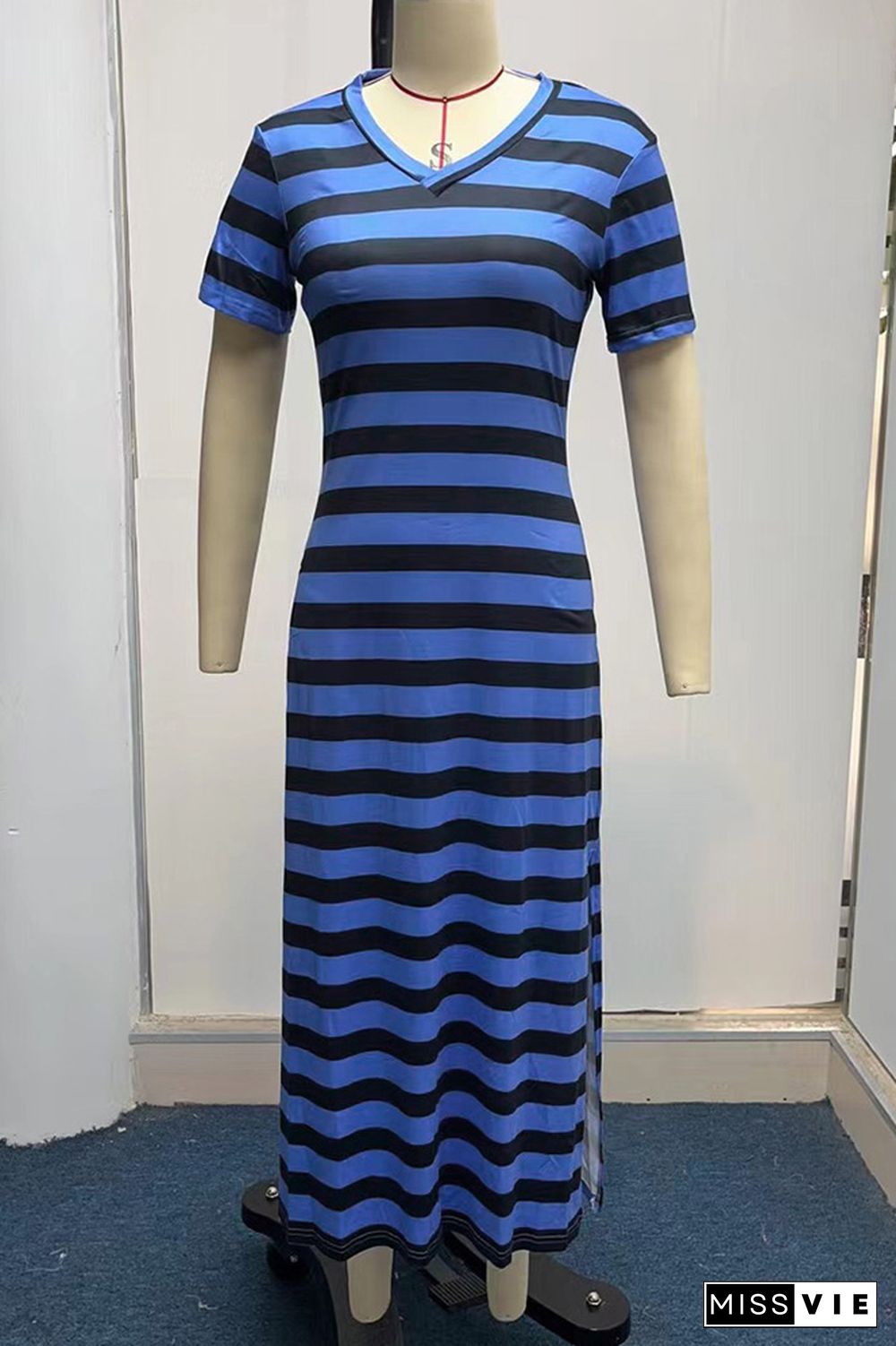 V Neck Split Stripes Dress