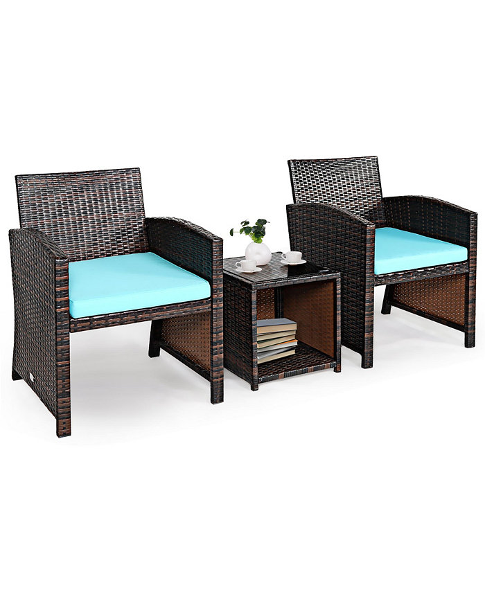 Costway 3PCS Patio Rattan Wicker Furniture Cushion Sofa Coffee Table