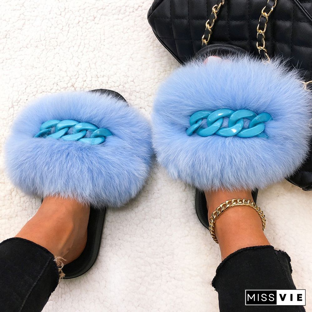 New Fashion Real Fox Fur Slippers For Women Fur Slides Summer Beach Fluffy Chain Fur Sandals Home Furry Flip Flop Plush Shoes Multicolor