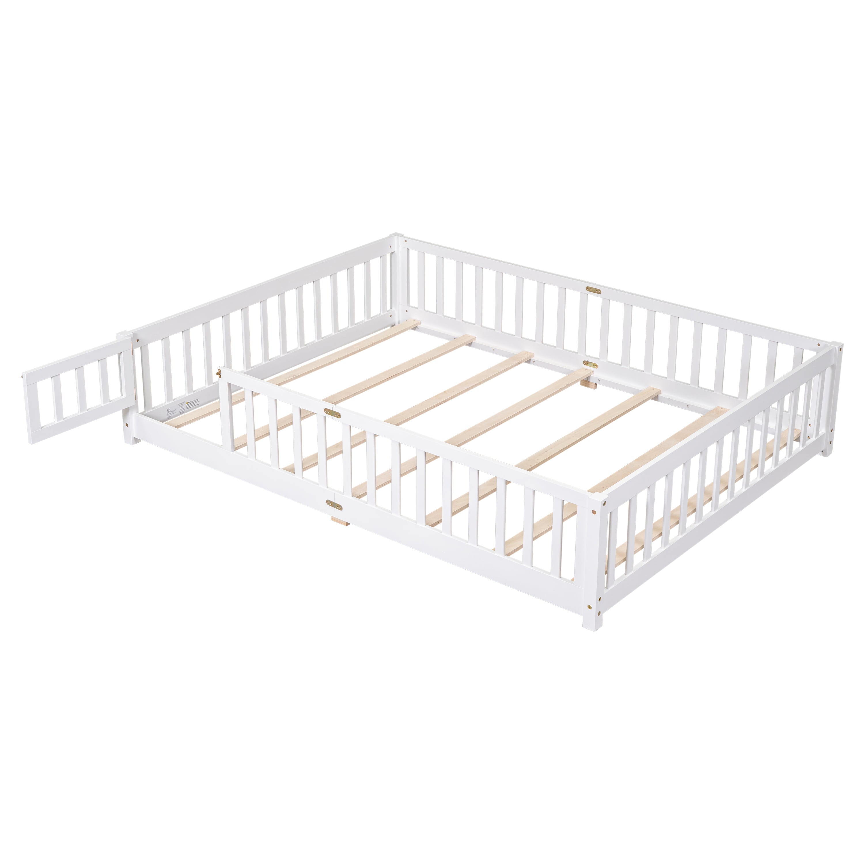 uhomepro Queen Size Wood Floor Bed Frame with Fence and Door for Kids, Toddlers, White