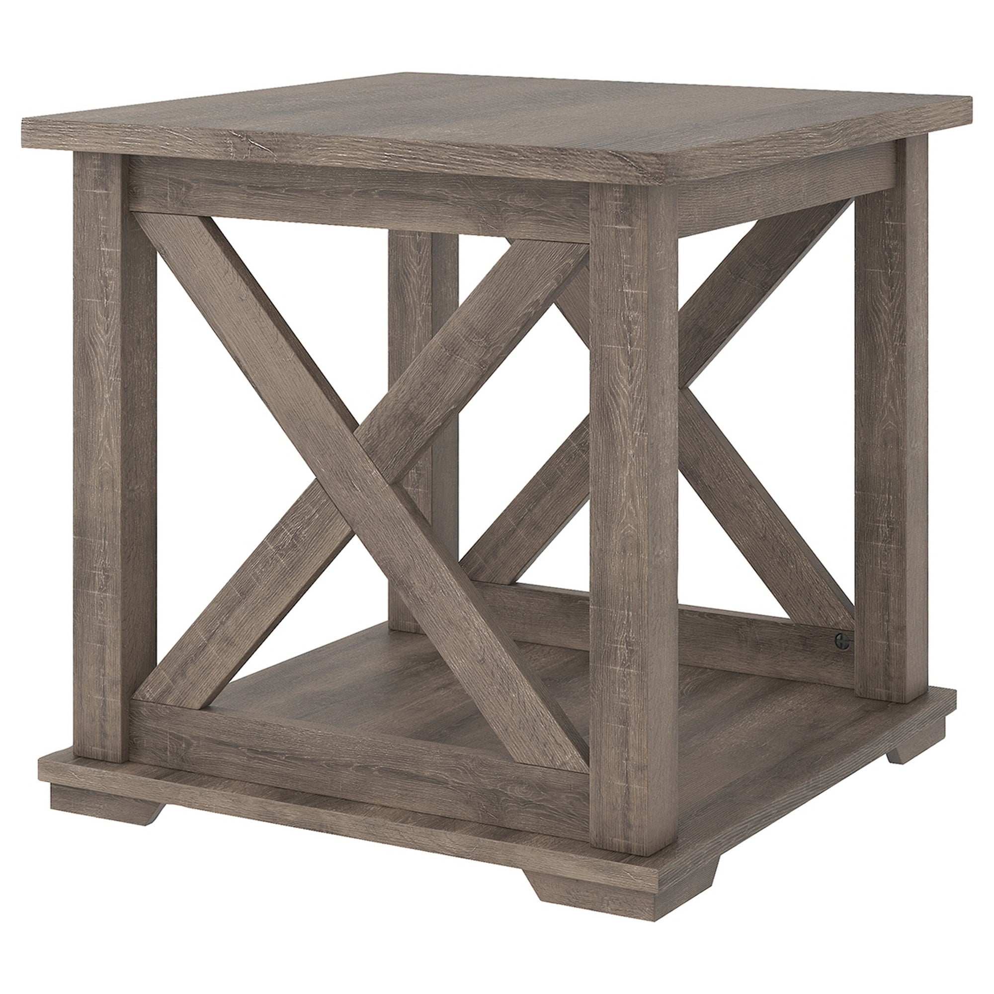 Wooden Square End Table with Bottom Shelf and Cross Design Sides， Brown - 22 H x 23 W x 23 L