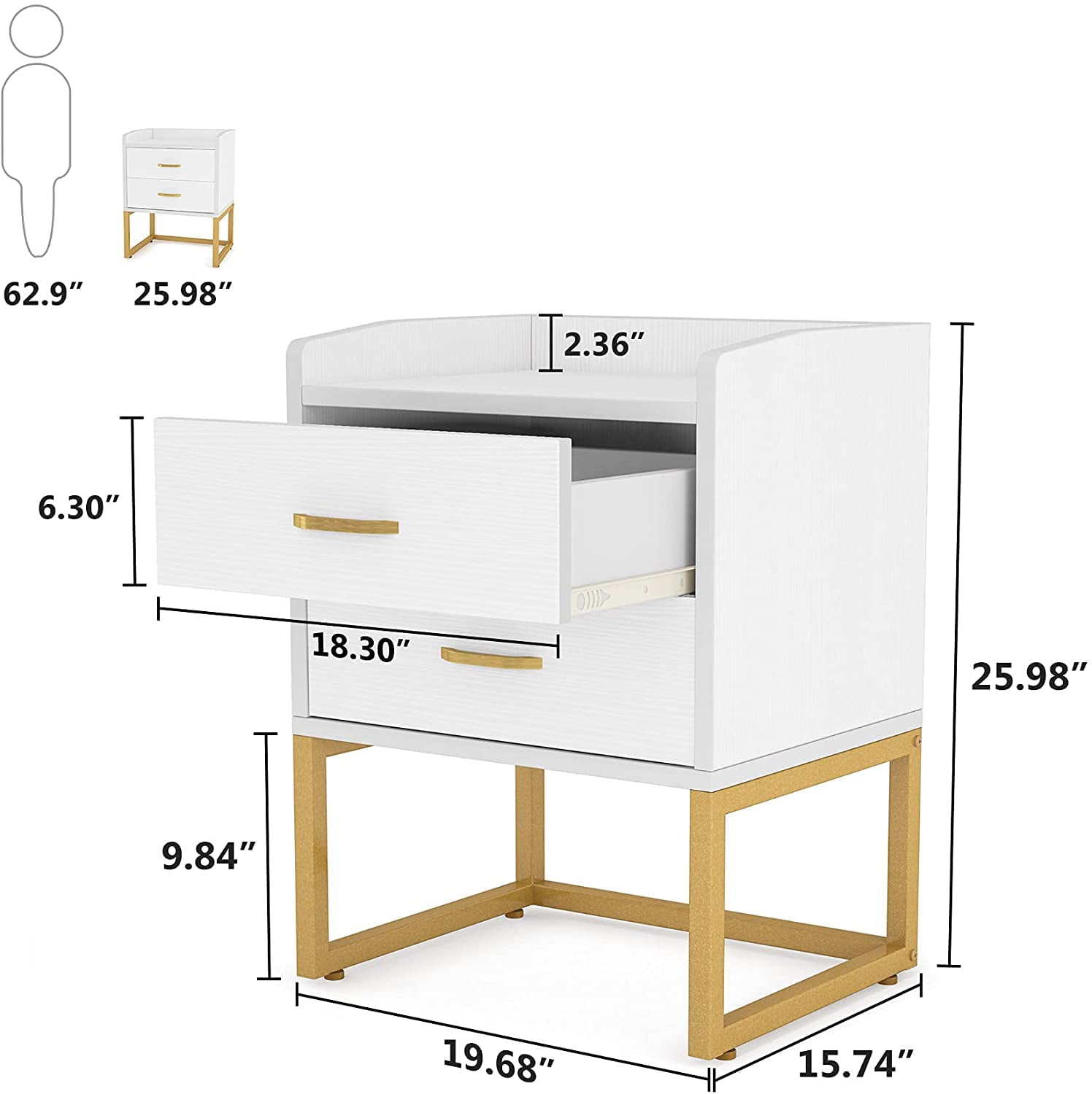 Tribesigns 2 Drawer Nightstand Set of 2, Modern Wood Night Stands Bedside Table for Bedroom, Sofa End Table, White and Gold