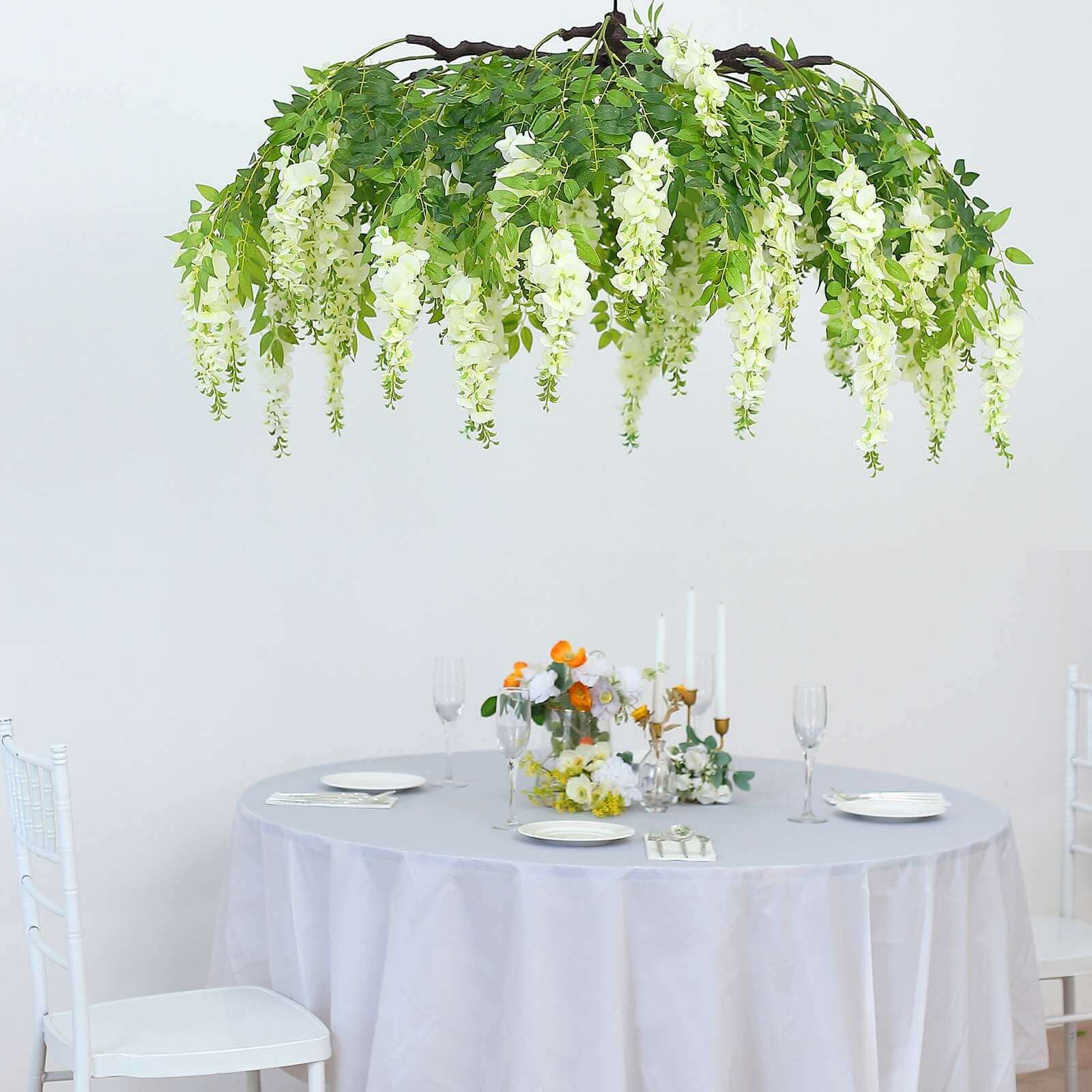 Cream Artificial Silk Wisteria Vine Round Hanging Canopy, Draping Garland Flower Chandelier With Interchangeable Branches 55