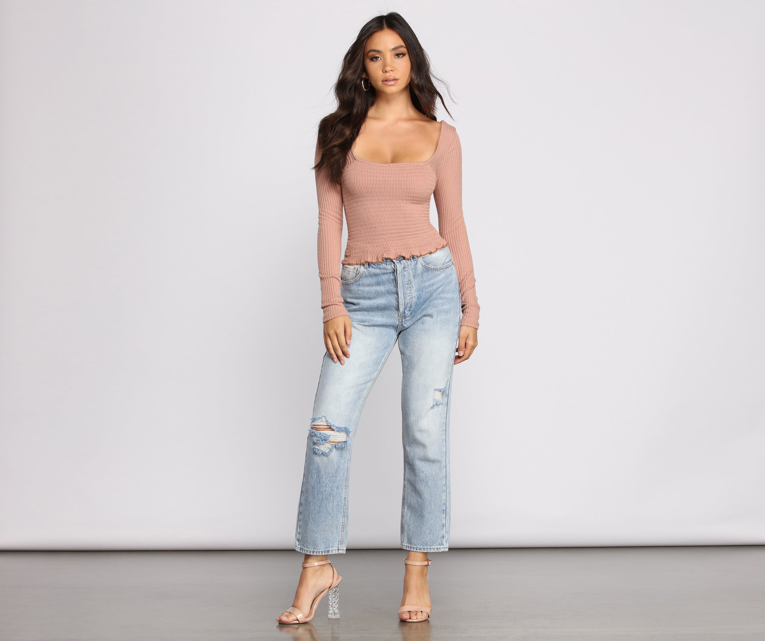 Ribbed And Smocked Square Neck Crop Top