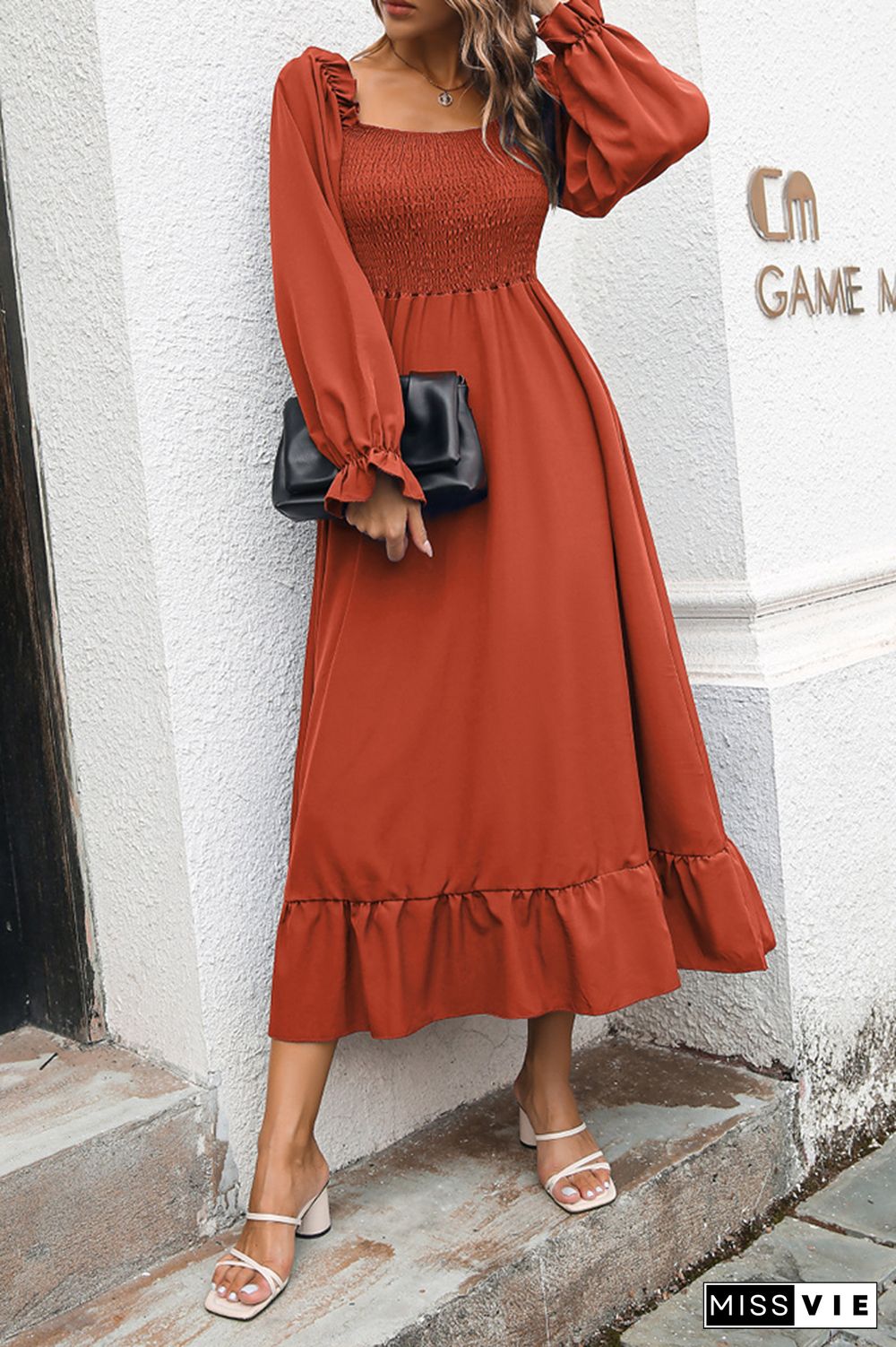 Smocked Square Neck Ruffles Maxi Dress