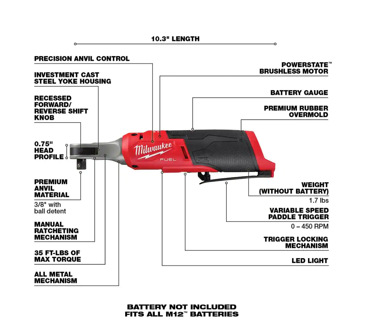 Milwaukee 2554-20-2567-20-2560-20 M12 FUEL 12V Li-Ion Cordless 3/8 in. Impact Wrench w/3/8 in. High Speed Ratchet and 3/8 in. Extended Reach Ratchet