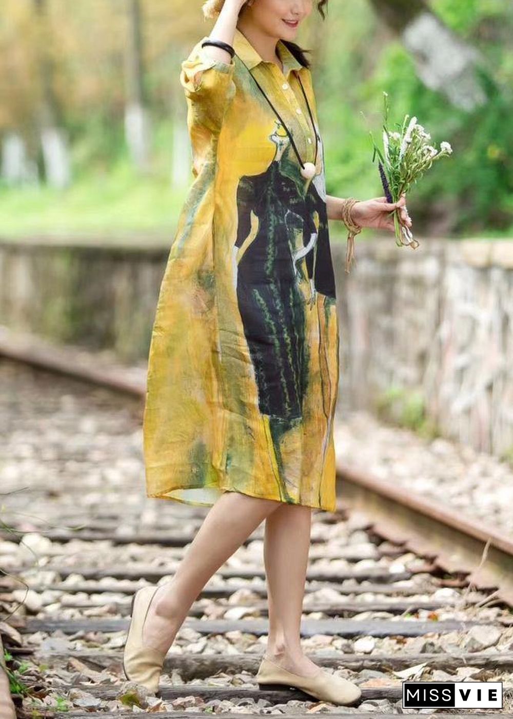 Art linen yellow Robes plus size Women Summer Casual Cute Printed Dress