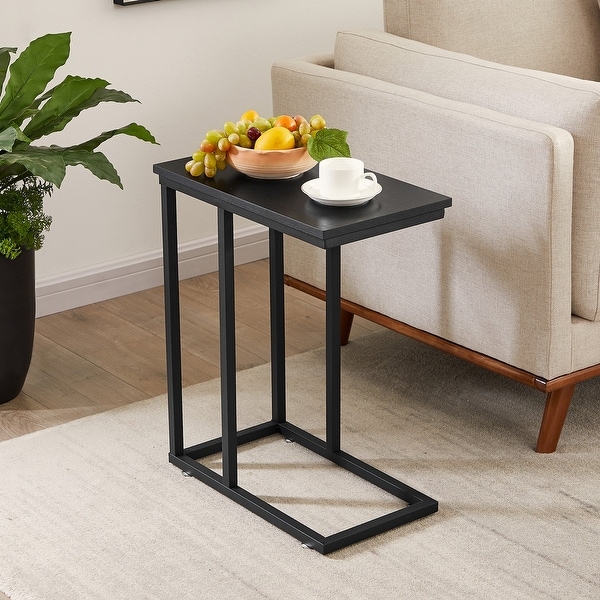 Modern Snack Table C-shaped Side End Table Set of 2，Brown/Black/Grey Sofa Table