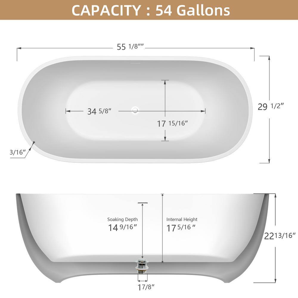 Xspracer Moray 55 in. x 29 in. Acrylic Flatbottom Freestanding Soaking Non-Whirlpool Bathtub with Pop-up Drain in Matte White JH-9530755MW