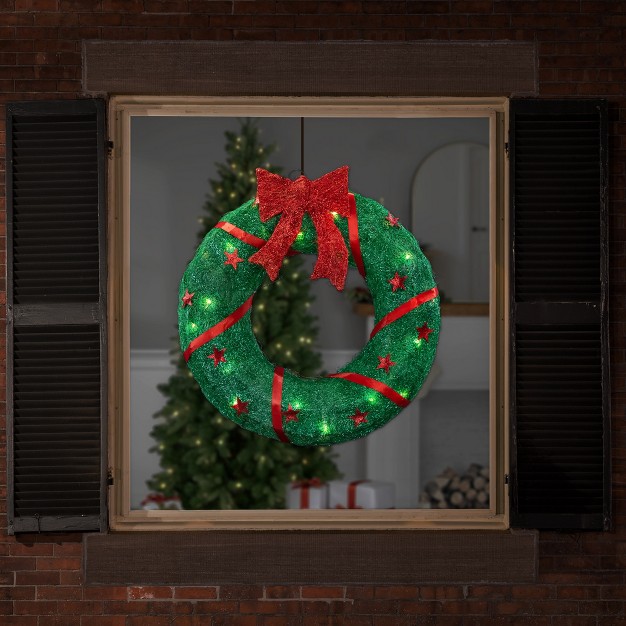 Prelit Lighted Sisal With Stars And Bow Outdoor Christmas Wreath