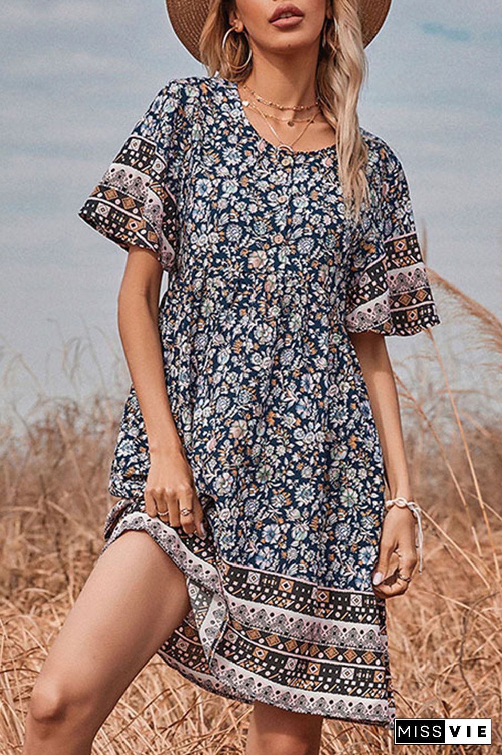 Floral Short Sleeve Mini Dress Wholesale