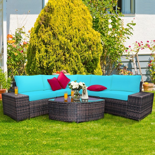 Costway 6pcs Rattan Furniture Set Conversation Cushioned Sofa Armrest Garden Turquoise white