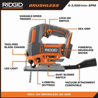 RIDGID 18V MAX Output Kit with 4.0 Ah MAX Output Battery 2.0 Ah Battery Charger  18V Brushless Jig Saw AC8400240SB-R8832B