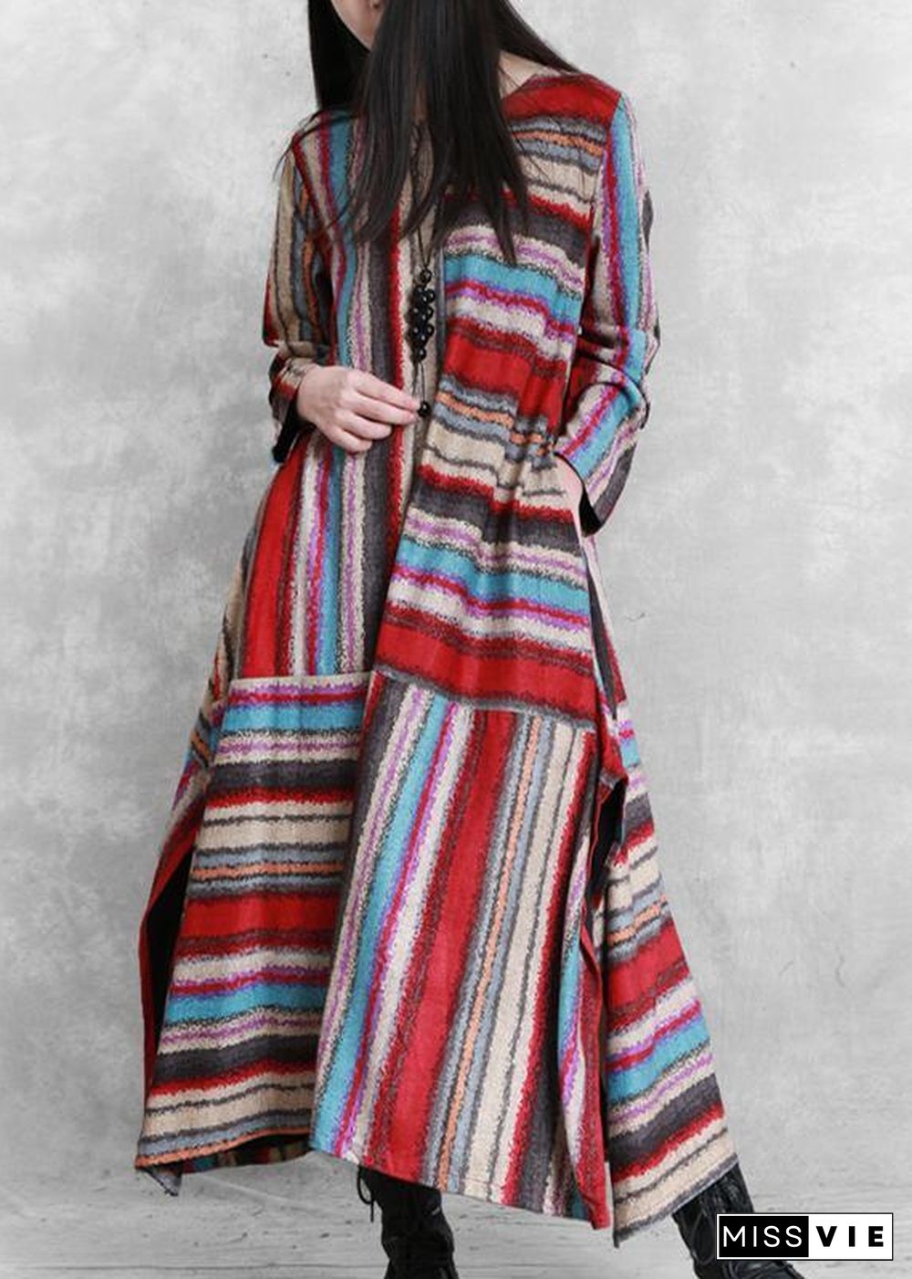 Organic red striped linen cotton clothes For Women side open Plus Size Clothing patchwork Dress