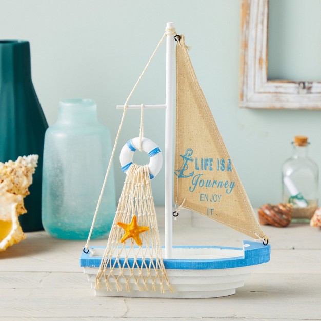 Juvale Enjoy It Wooden Sailboat Model With Flag Net Starfish And Floating Tube For Nautical Home And Bathroom Boat Decor Shelf 13x8x3 In