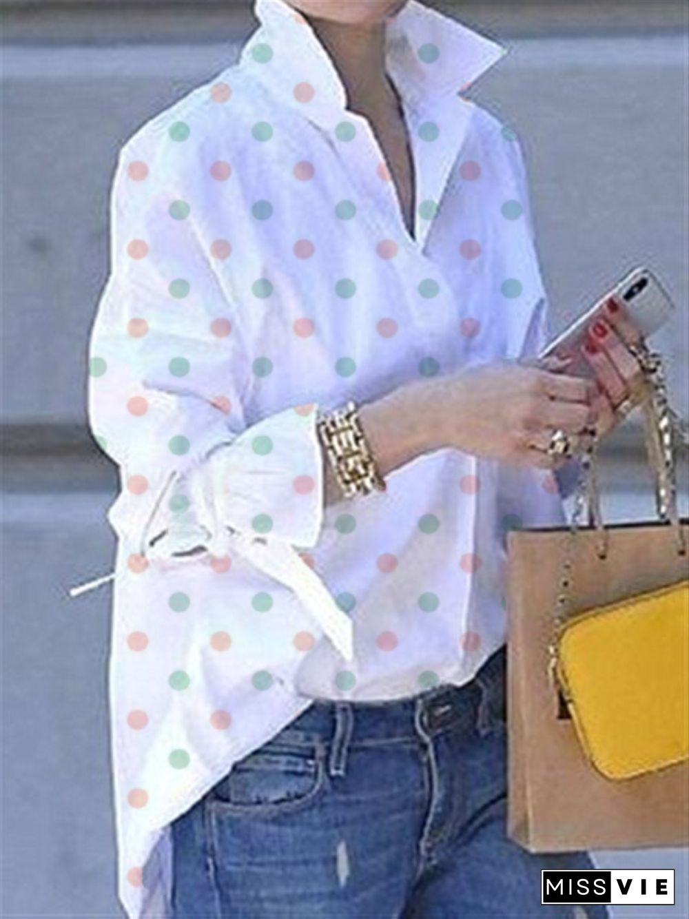 Plus size Polka Dots Long Sleeve Blouse