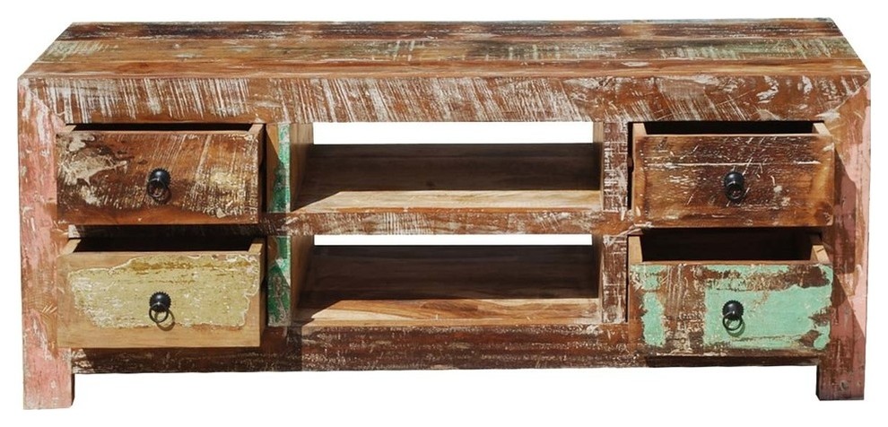 Moultrie Distressed Reclaimed Wood 4 Drawer Rustic Media TV Stand   Farmhouse   Entertainment Centers And Tv Stands   by Sierra Living Concepts Inc  Houzz