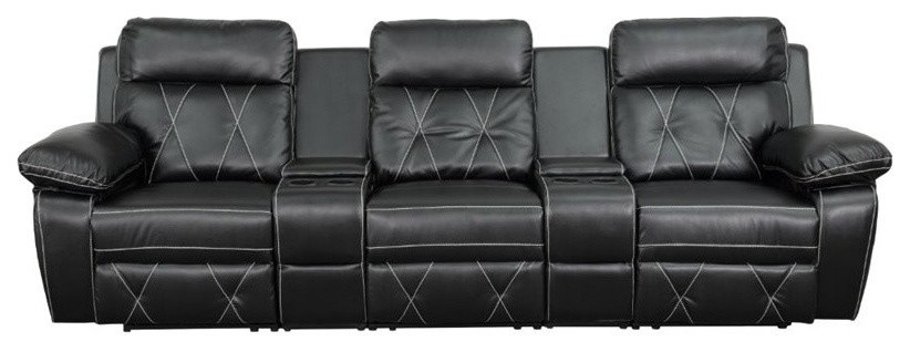 Pemberly Row 3 Seat Leather Reclining Home Theater Seating in Black   Transitional   Theater Seating   by Homesquare  Houzz