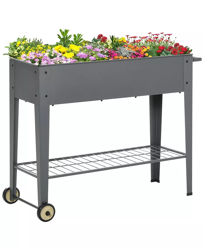 Outsunny Elevated Plant Bed w  Drainage Hole Bottom Shelving for Tools， Grey