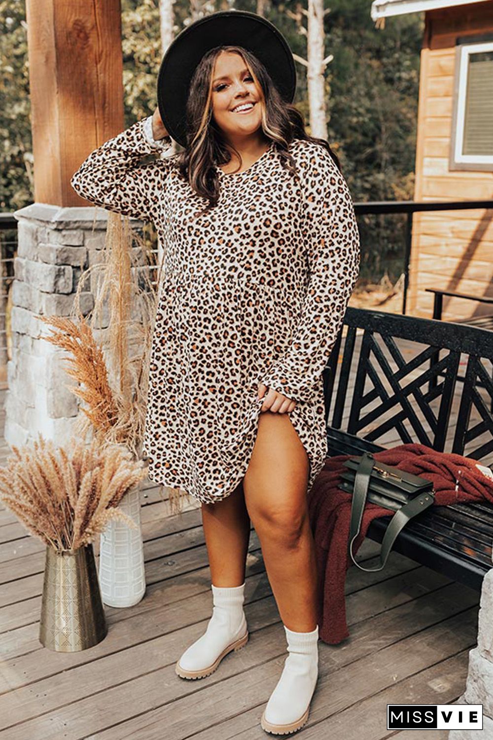 Plus Size Leopard Long Sleeve Midi Dress