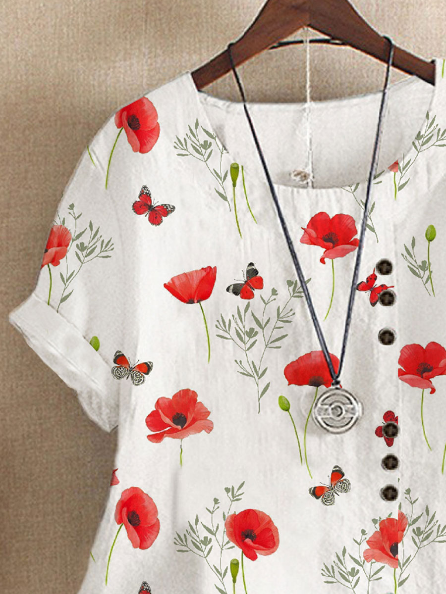 Round Neck Casual Loose Floral Print Short Sleeve Blouse