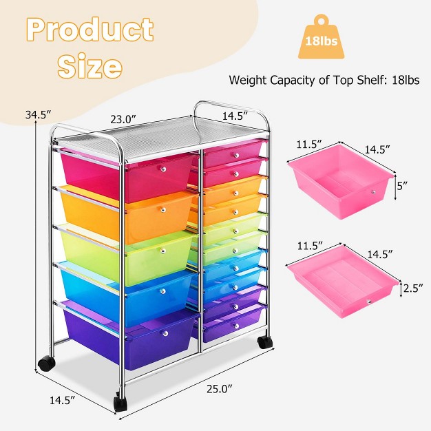 Costway 15 Drawer Rolling Storage Cart Tools Scrapbook Paper Office School Organizer Colorful