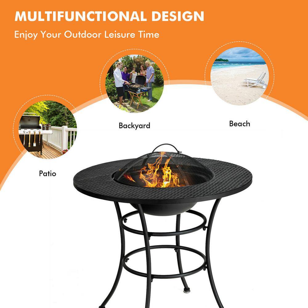 Gymax Black Patio Round Metal Fire Pit Dining Table Charcoal Wood Burning Cooking BBQ Grate GYM09297