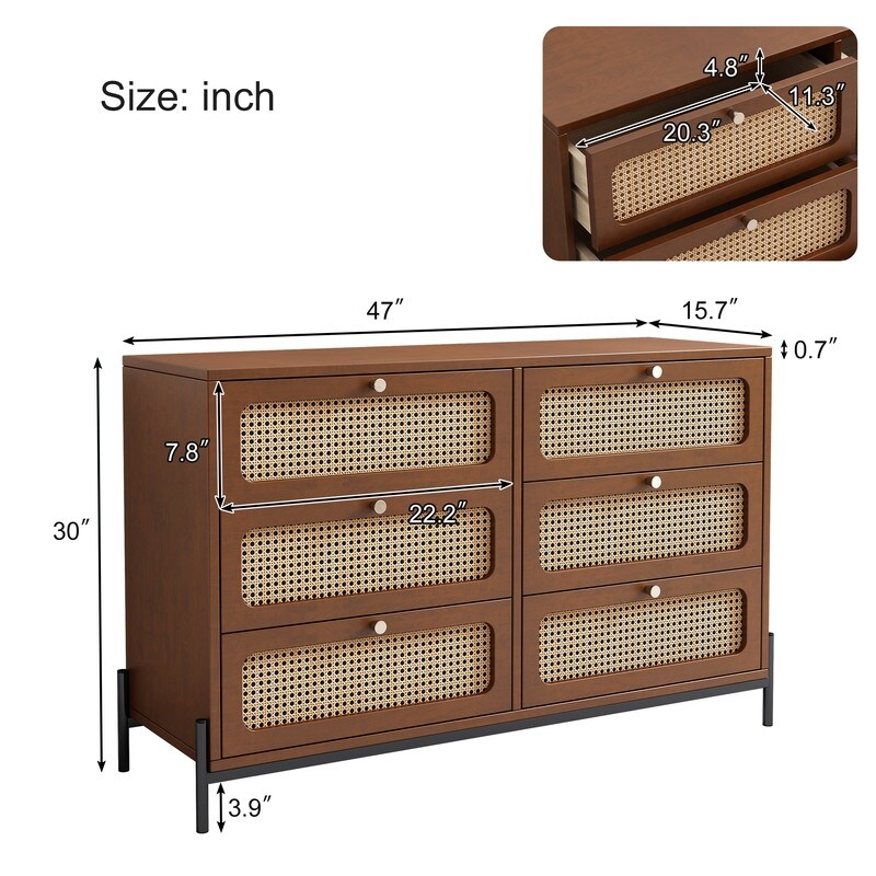 47'' Modern Solid Wood 6 Drawer Dresser with Rattan Decorative Doors (2 Colors）