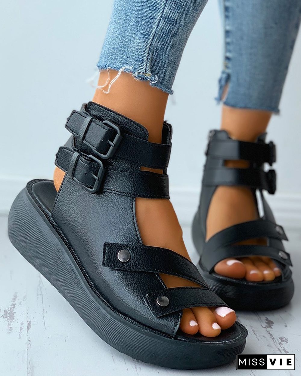 Double Strap Ankle Buckled Flat Sandals