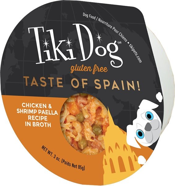 Tiki Dog Taste of Spain Chicken and Shrimp Paella Recipe in Broth Gluten-Free Wet Dog Food， 3-oz cup， case of 4