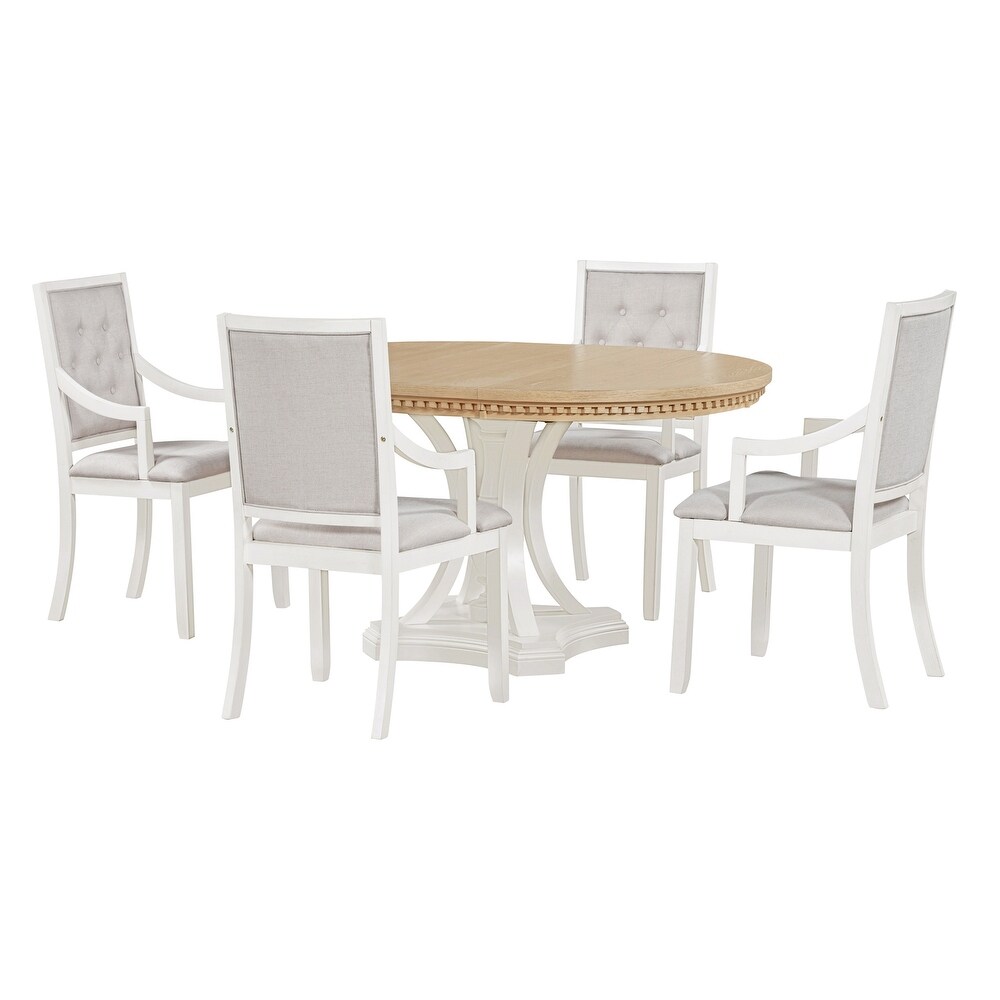 Modern 5 Piece Wood Dining Set with Extendable Round Dining Table and Upholstered Back Dining Chairs  for Dining Room  White