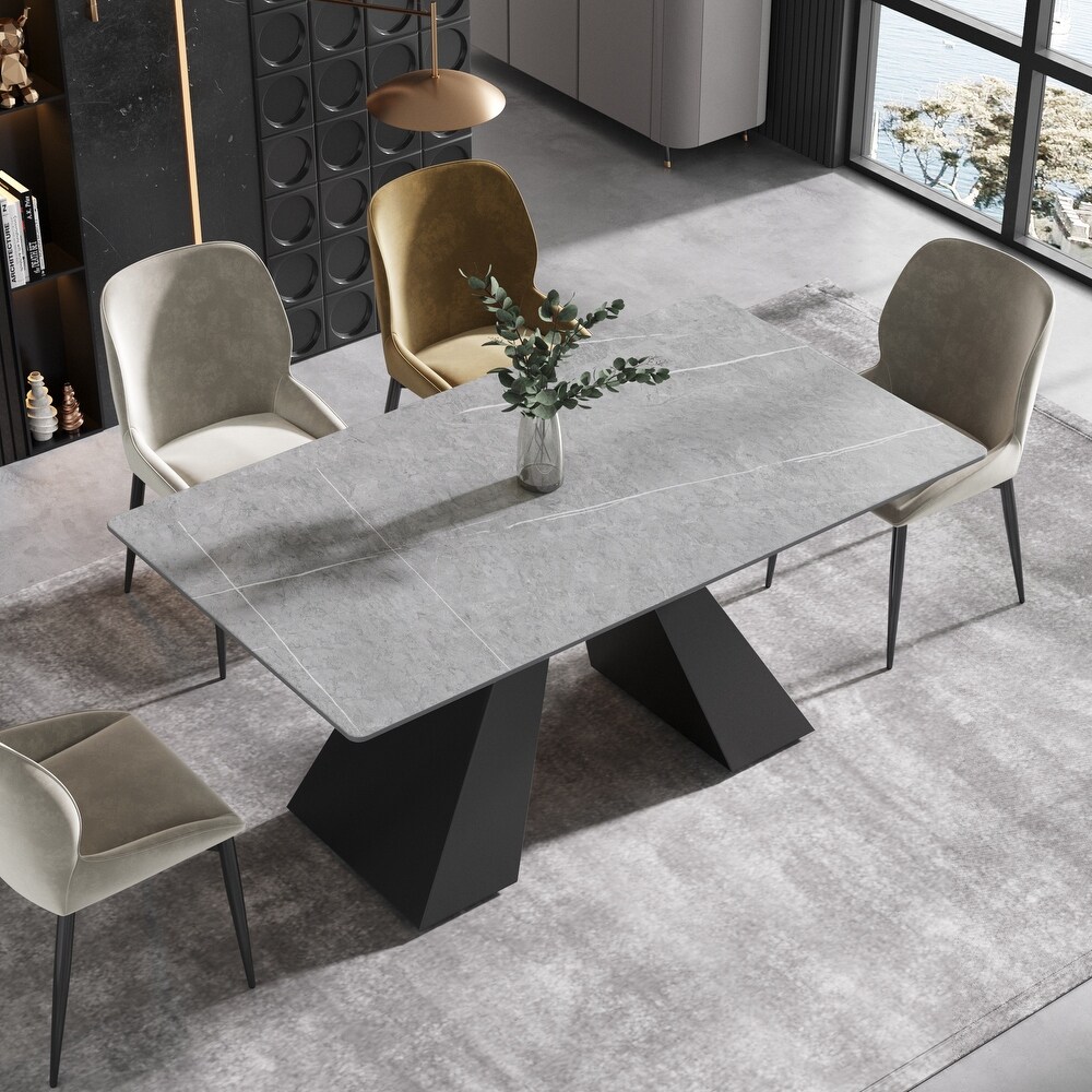 63''Modern Grey Dining Table with Rectangular Sintered Stone Tabletop  Black Carbon Steel Legs   N/A