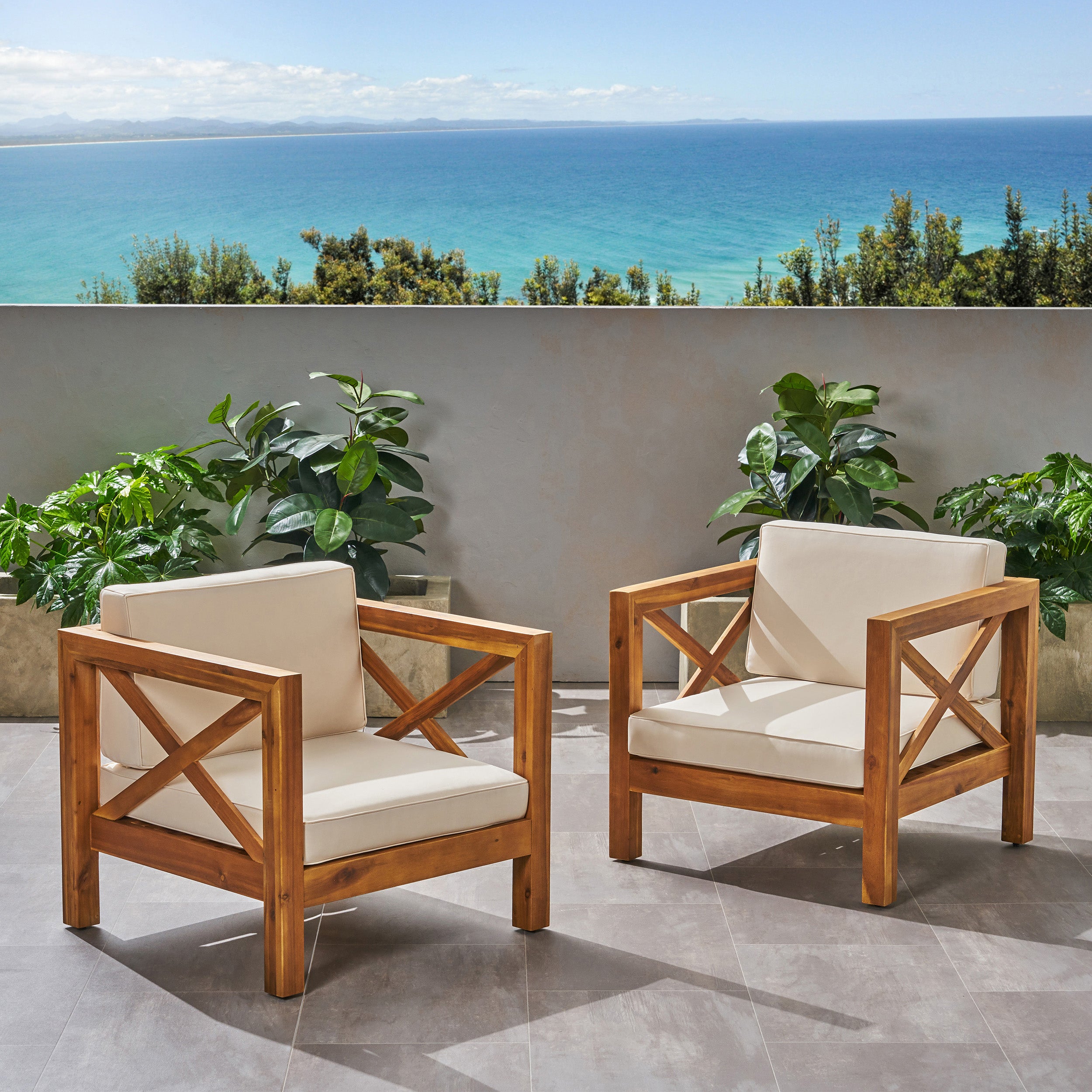 Indira Outdoor Acacia Wood Club Chairs with Cushions (Set of 2)