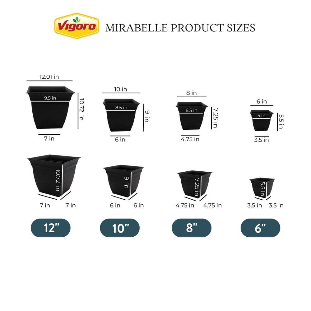 Vigoro 10 in. Mirabelle Medium Black Plastic Square Planter (10 in. D x 9 in. H) with Drainage Hole and Attached Saucer ECP10005G18