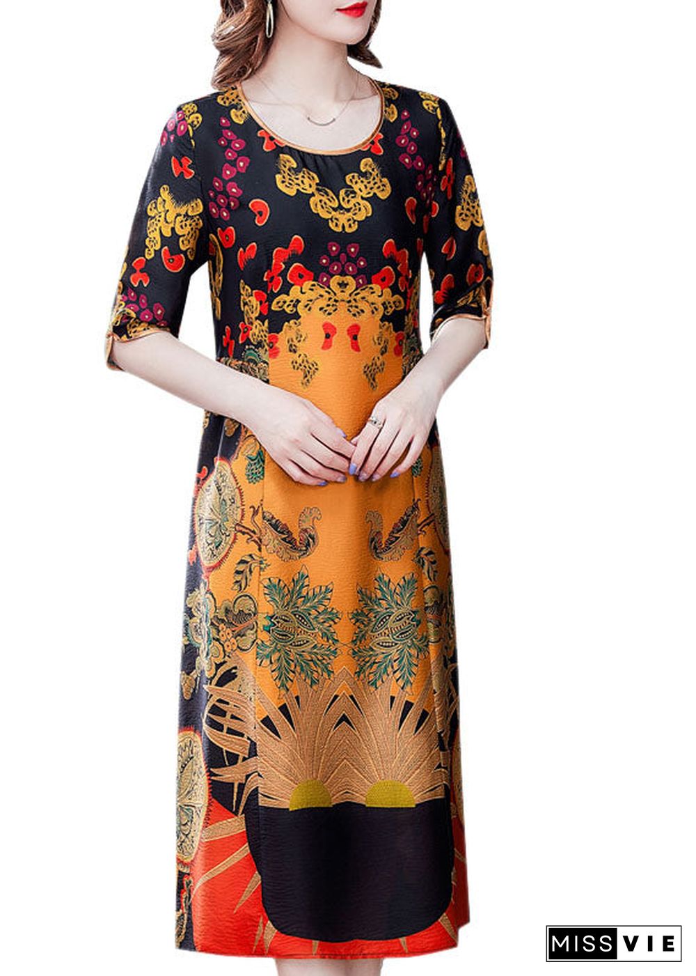 Women Yellow O-Neck Print Silk Women's Dress Half Sleeve