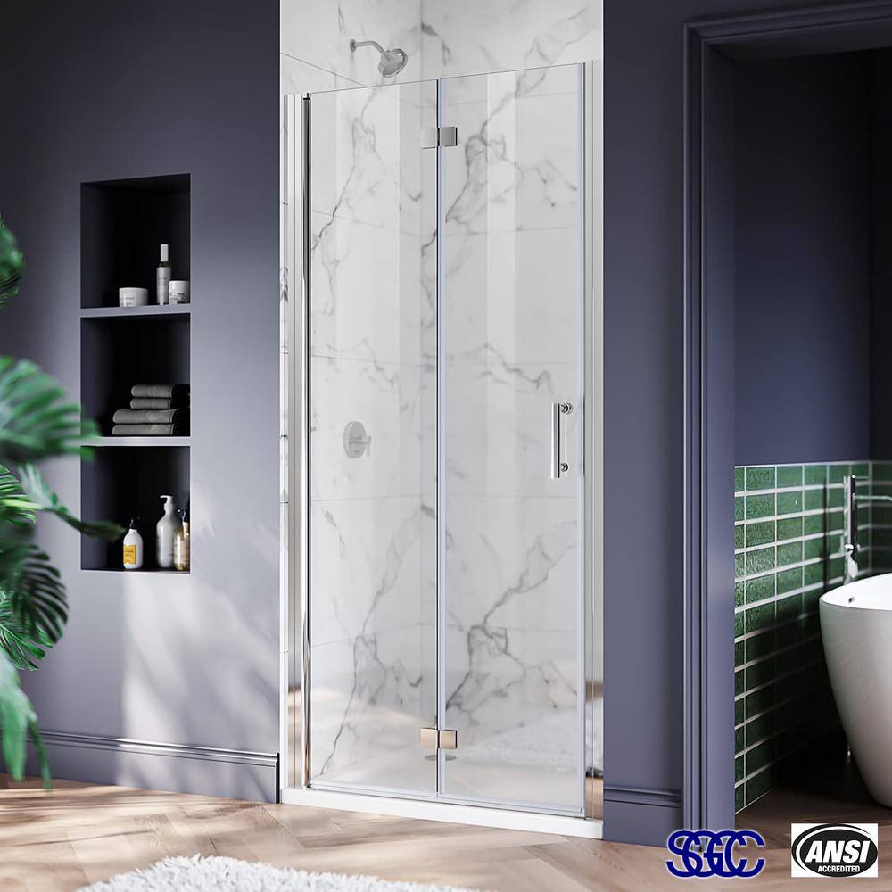 TOOLKISS 34 to 35-38 in. W x 72 in. H Bi-Fold Frameless Shower Doors in Chrome with Clear Glass BFH34CH