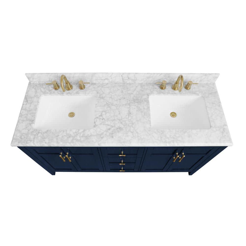 Home Decorators Collection Sturgess 61 in W x 22 in D Bath Vanity in Navy Blue with Marble Vanity Top in Carrara White with White Basins