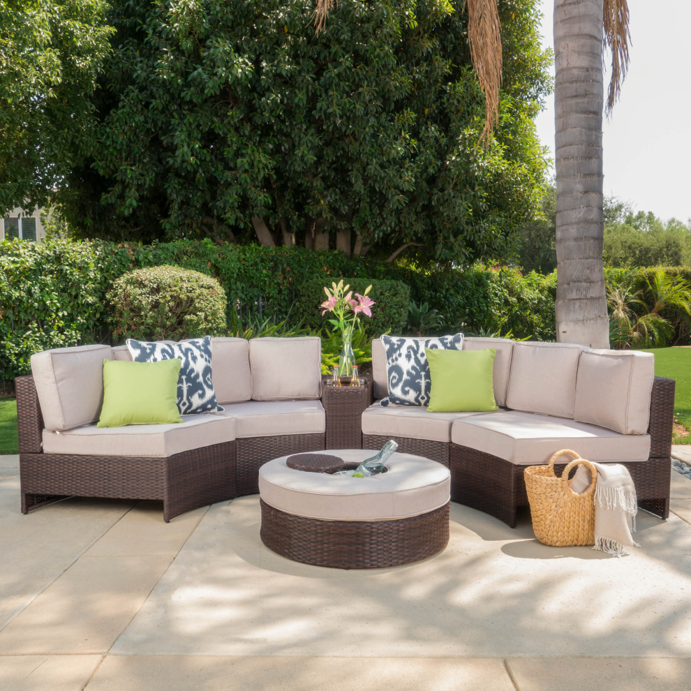 Outdoor 4 Seat Wicker Curved Set With Ottoman   Tropical   Outdoor Lounge Sets   by GDFStudio  Houzz