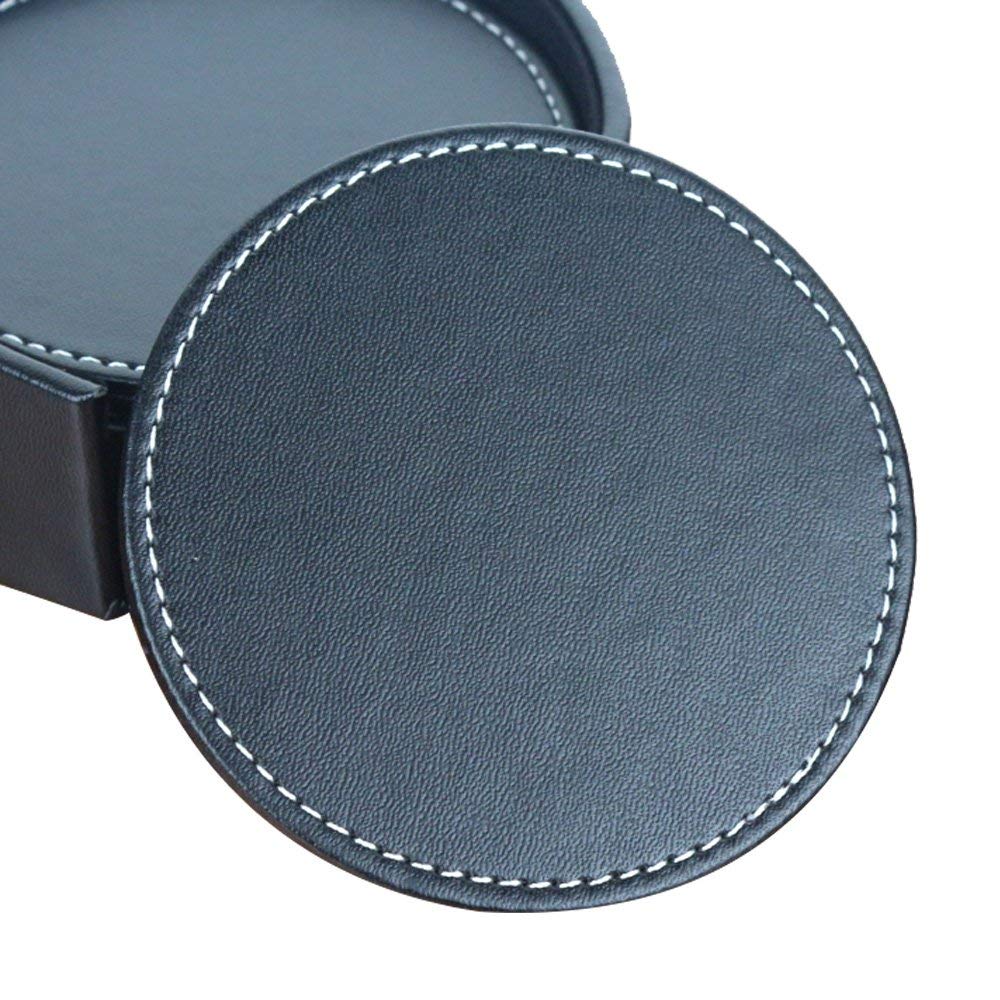 Set of 6 Leather Drink Coasters Round Cup Mat Pad for Home and Kitchen Use Black