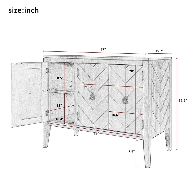 Wooden accent locker with adjustable shelf  vintage style sideboard with 3 doors and metal handles